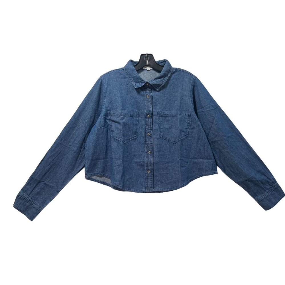 Sweet Envy- Women's Chambray Long Sleeve Button Down Shirt With Pockets- Blue- M